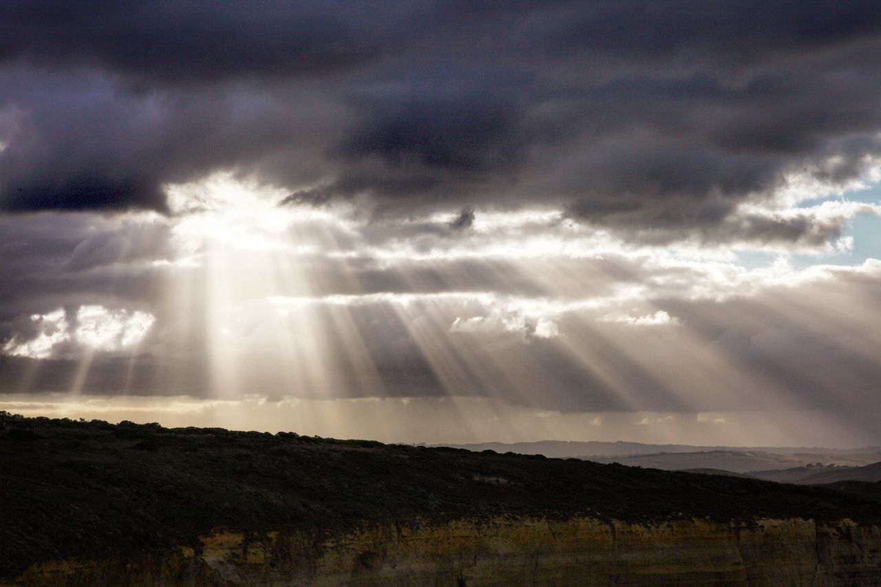 阳光透过云层一束束的照耀着大地