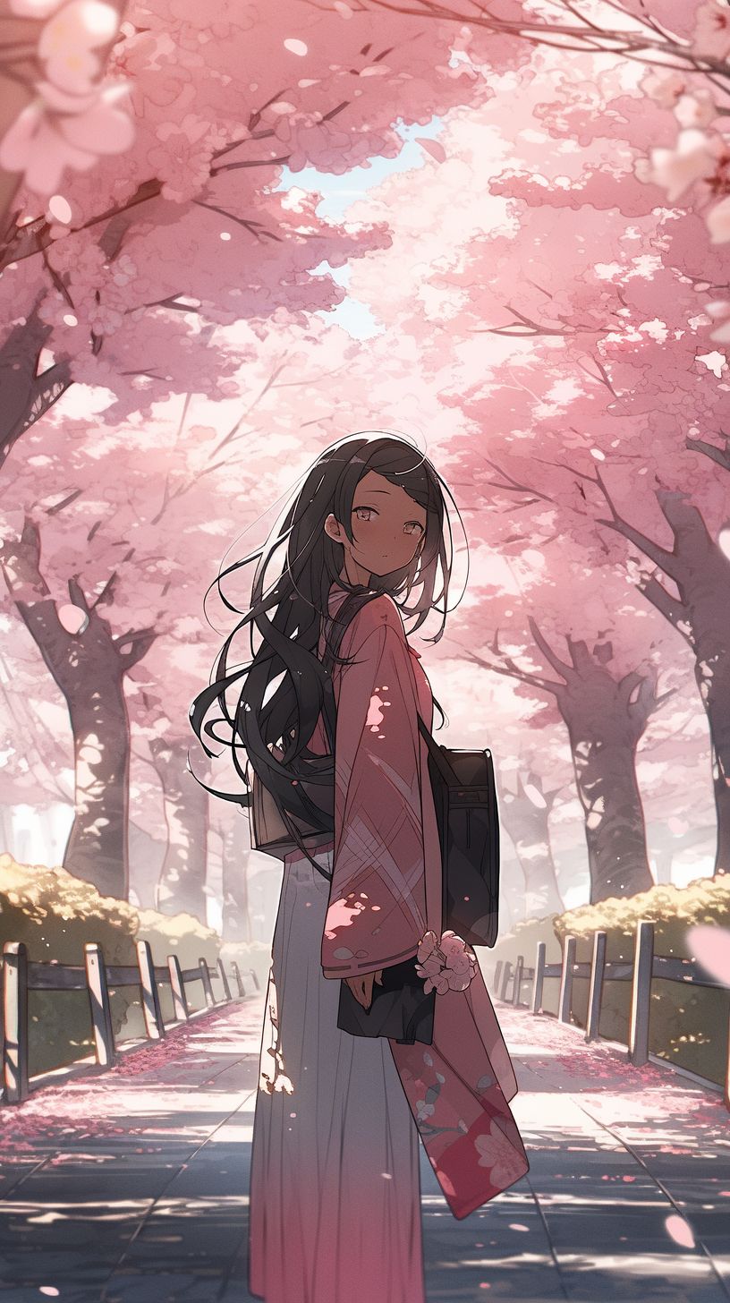 NC MKT manga and anime asian girl walking amidst pink cherry bl 00aadf1c 8e84 4800 adfc d3e5d5c7a8e9